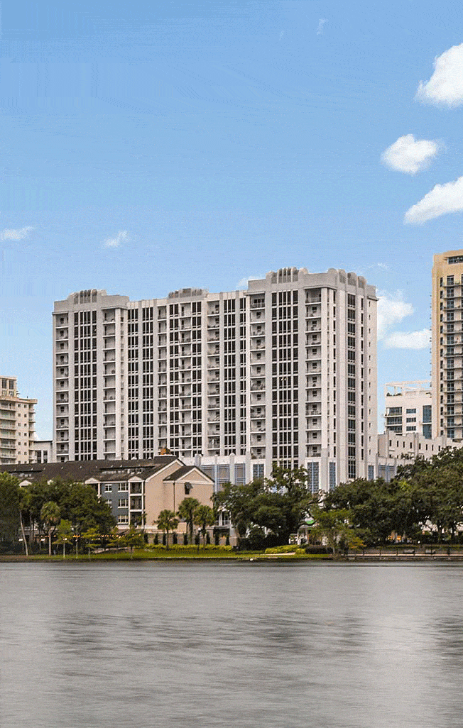 view of Paramount building from across Lake Eola